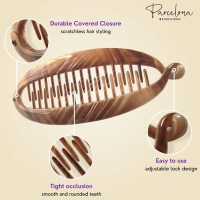 Parcelona French Beige in the Air Light Tortoise Shell 5.5" Celluloid Interlocking Ponytail Holder Strong No Slip Clips Fishtail Flexible Banana Hair Clips Combs for Women and Girls, Made in France