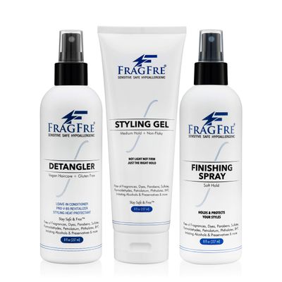 FRAGFRE Hair Styling Set for Sensitive Skin 8 oz/ea (3-Pack Gift Set) - Detangler-Styling Gel-Finishing Spray - Fragrance Free Paraben Free Hypoallergenic - No Burning or Itching Hair Styling - Vegan