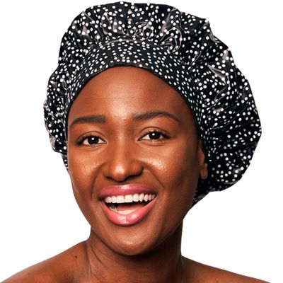 TIARA Luxury Shower Cap for Women Reusable Waterproof, Hair Cap for Long &amp; Short Hair, All Size Flexi Adjustable Terry Lined Cloth Plastic Leakproof Soft, Breathable, Durable &amp; Comfy (Dots Black)