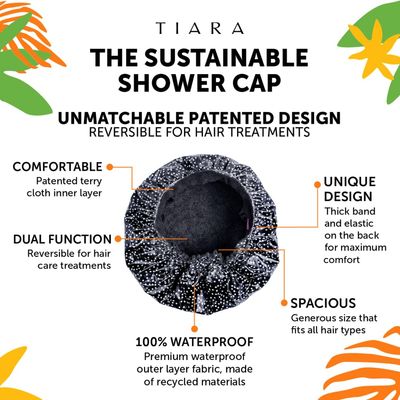 TIARA Luxury Shower Cap for Women Reusable Waterproof, Hair Cap for Long &amp; Short Hair, All Size Flexi Adjustable Terry Lined Cloth Plastic Leakproof Soft, Breathable, Durable &amp; Comfy (Dots Black)