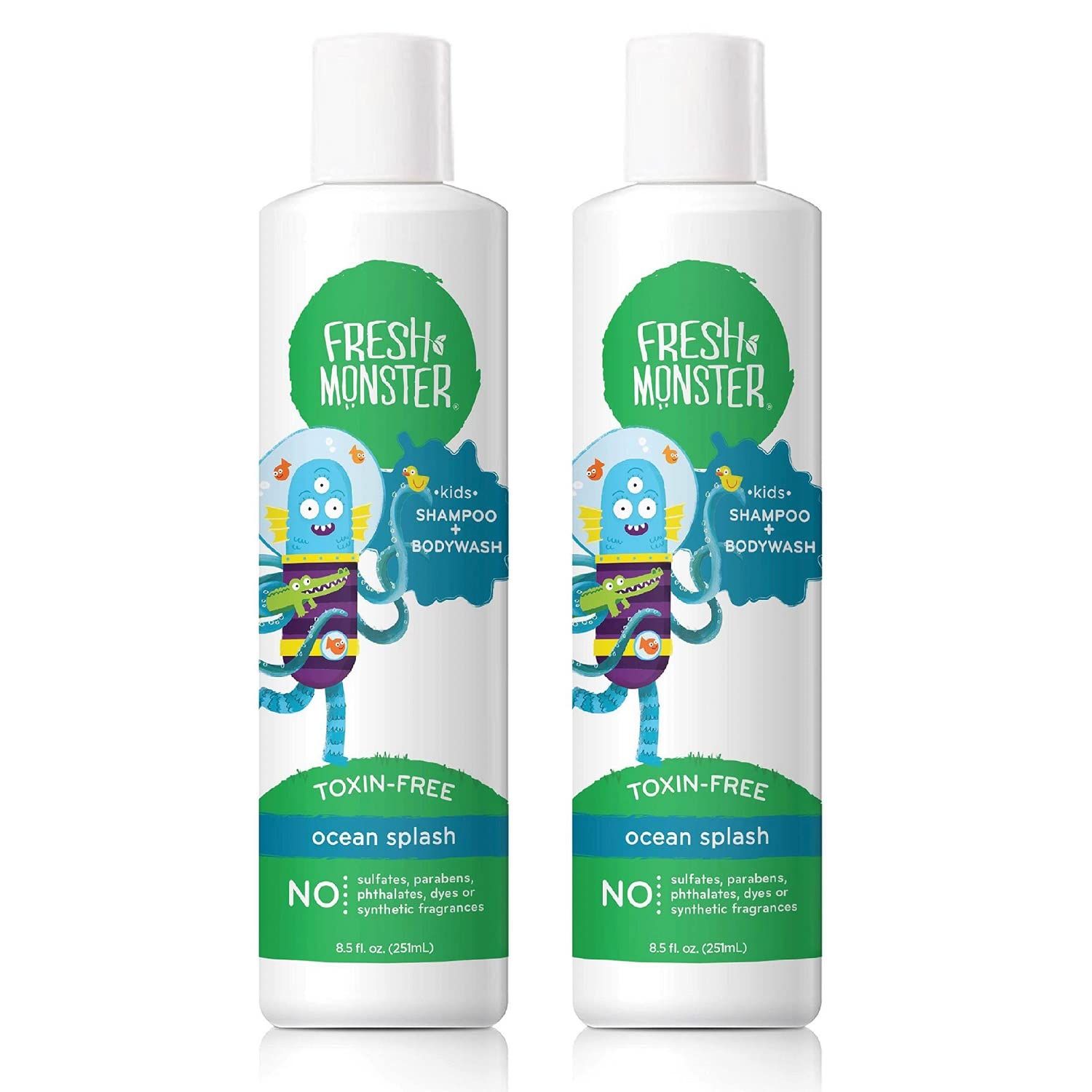 Fresh Monster 2-in-1 Natural Shampoo &amp; Body Wash for Kids, Toxin-Free, Hypoallergenic, Ocean Splash (2 Pack, 8.5oz/each)