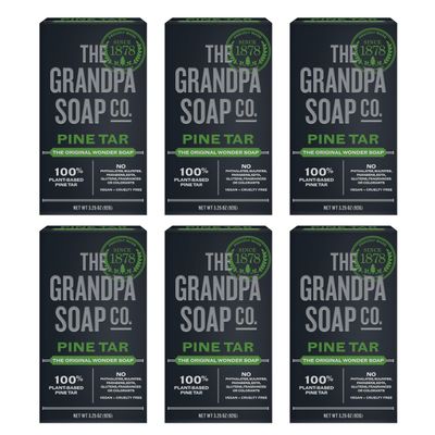 The Grandpa Soap Company Pine Tar Bar Soap for Men- Made With Pine Tar Oil, 3 in 1 Cleanser Deodorizer and Moisturizer, Dermatologist Tested, Safe for Sensitive Skin, 3.25 Oz, 6 Pack