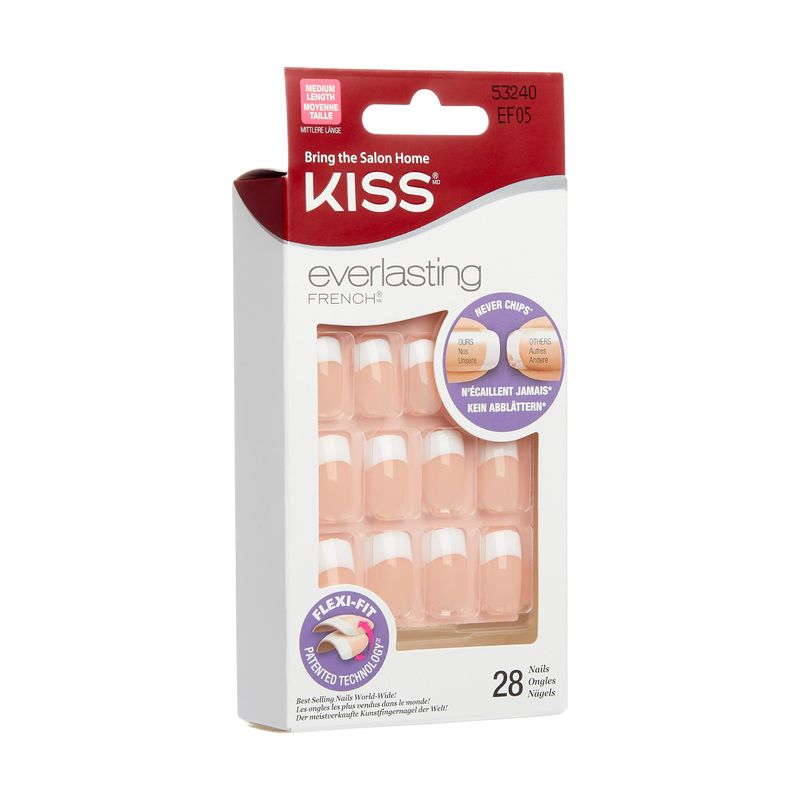 Kiss Everlasting French Nail Manicure, Chip-Free with Flexi-Fit Technology, Medium, "Infinite", Nail Kit with Pink Nail Glue (Net Wt. 2 g / 0.07oz.), Mini File, Manicure Stick, and 28 Fake Nails