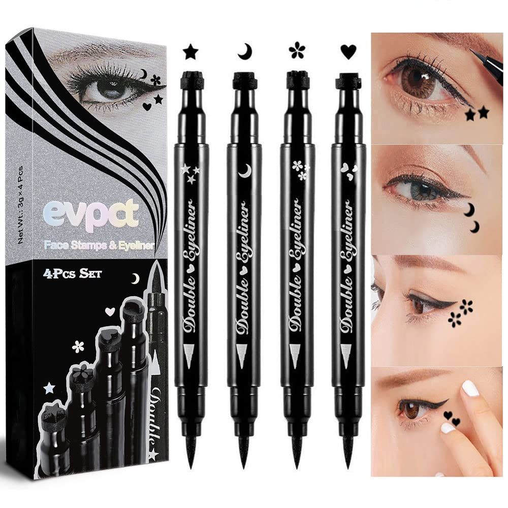 evpct 4in1 Star Flowers Hearts Moon Face Makeup Stamps Eyeliner Stamps Shapes Makeup Set Black Colored Liquid Winged Eyeliner Stamp Wingliner Waterproof Star Eye Liner Wing Eyeliner Stamp Figures Tool