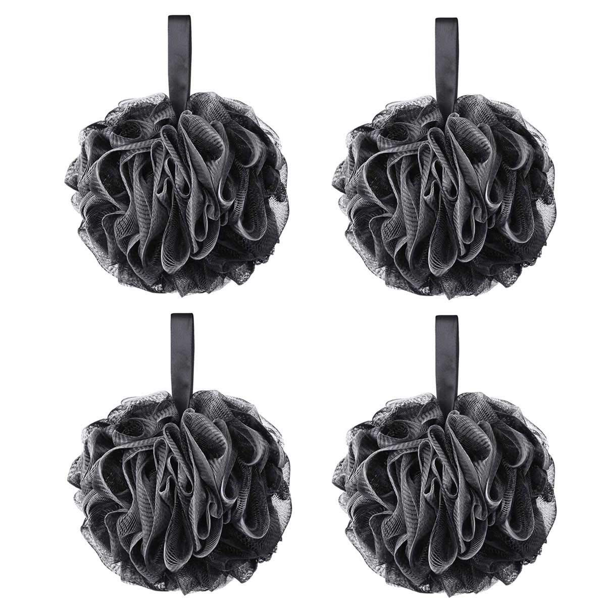 Tbestmax 75g XL Black Loofah Sponge for Exfoliating, Soft Shower Puff Bath Ball Body Scrubber Mesh Pouf 4 Set