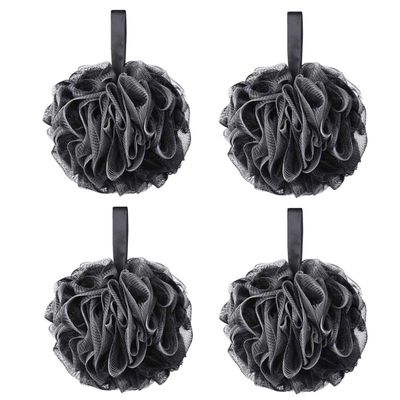 Tbestmax 75g XL Black Loofah Sponge for Exfoliating, Soft Shower Puff Bath Ball Body Scrubber Mesh Pouf 4 Set