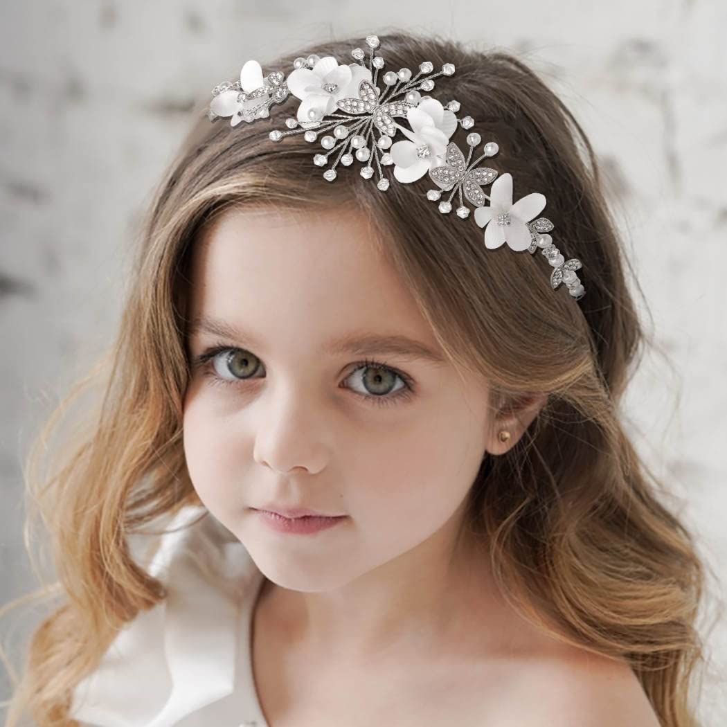 Campsis Flower Girl Headpiece Wedding Head Piece Crystal Pearl Hair Headband First Communion Accessories Tiara for Girls(Silver)