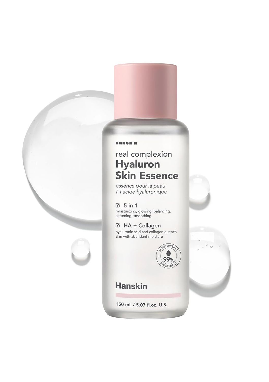 Hanskin Real Complexion Hyaluronic Skin Essence, Hydrating Toner for Dry, Dull, Sensitive Skin - Hyaluronic Acid Collagen Moisturizing Purifying Paraben-Free Korean Skincare for Face [5.07 fl. oz.]