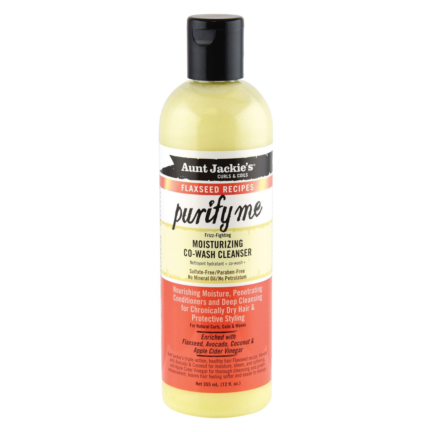 Aunt Jackie&#39;s Flaxseed Recipes Purify Me Frizz-Fighting Moisturizing Co-Wash Hair Cleanser for Chronically Dry Hair and Protective Styling, 12 Fl Oz
