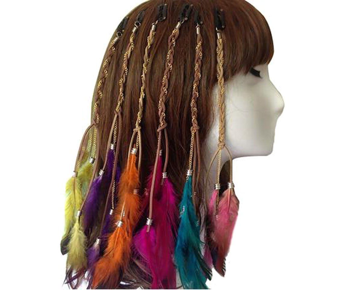 Nicedmm 6 Pcs Colorful Boho Hippie Hair Extensions Tassel with Feather Clip Comb - Handmade Hair Pin Headdress Accessories for Women