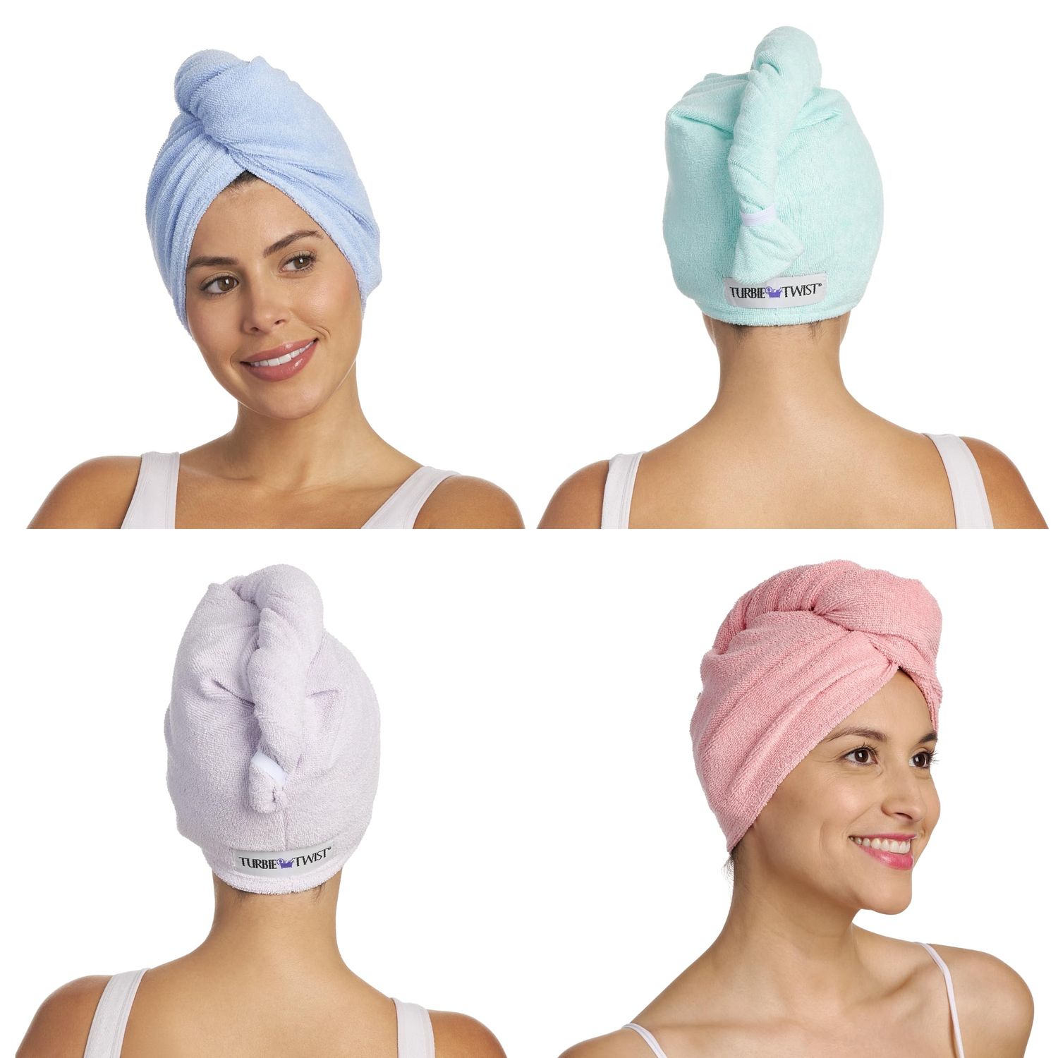 Turbie Twist 4-Pack Microfiber Hair Towel for Beauty, Travel, Gifting - Hair Wrap Turban for Straight, Wavy &amp; Curly Hair - Premium Hair Care - Pink, Purple, Blue &amp; Aqua