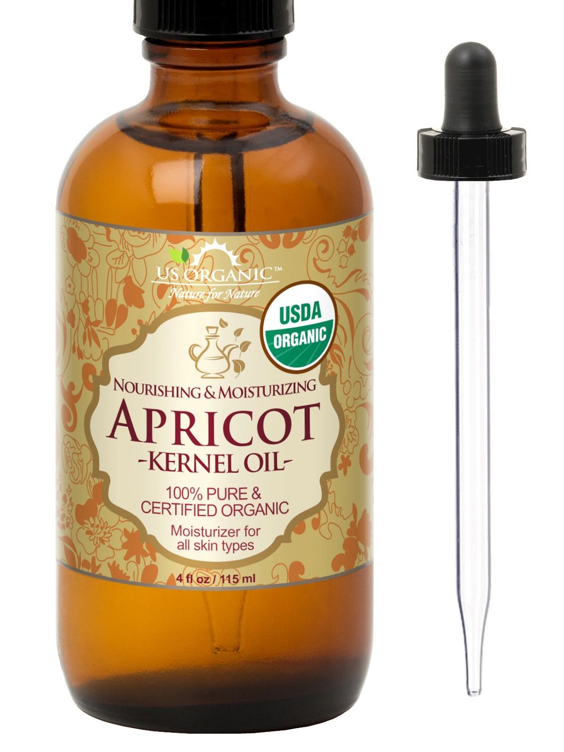 US Organic Apricot Kernel Oil, USDA Certified Organic,100% Pure &amp; Natural, Cold Pressed Virgin, Unrefined in Amber Glass Bottle w/Glass Eyedropper for Easy Application (4 oz (Large))