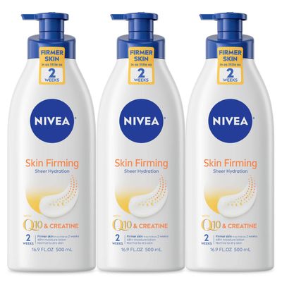 NIVEA Skin Firming Sheer Hydration Body Lotion with Q10 and Creatine, Skin Firming Lotion, Moisturizing Shea Butter Lotion, Multipack, 3- 16.9 Fl Oz Pump Bottles
