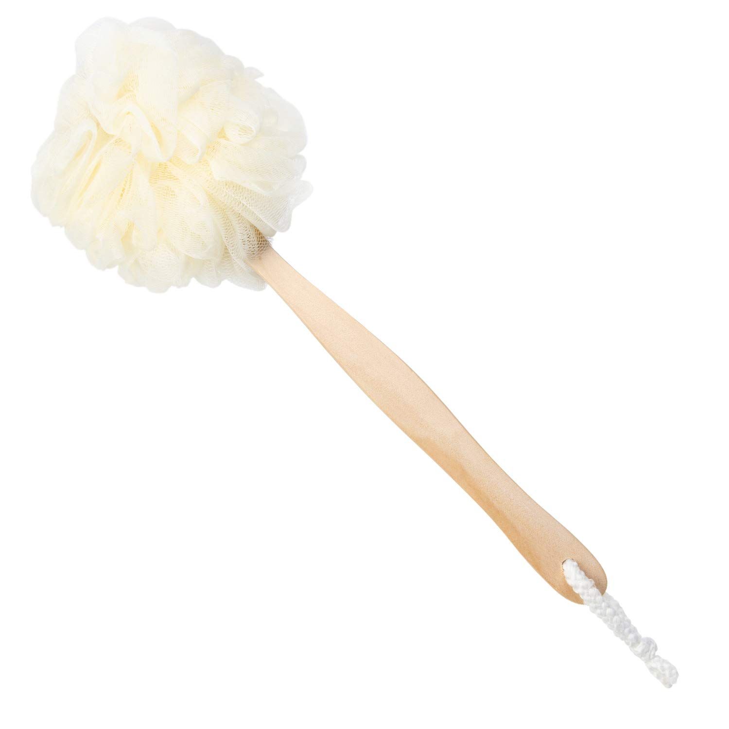 Arswin Loofah Back Scrubber for Shower, Wooden Long Handle Bath Sponge Lufa Shower Brush, Soft Nylon Mesh Back Cleaner Washer, Body Brush for Women&amp;Men Bathroom Shower Accessories (White)