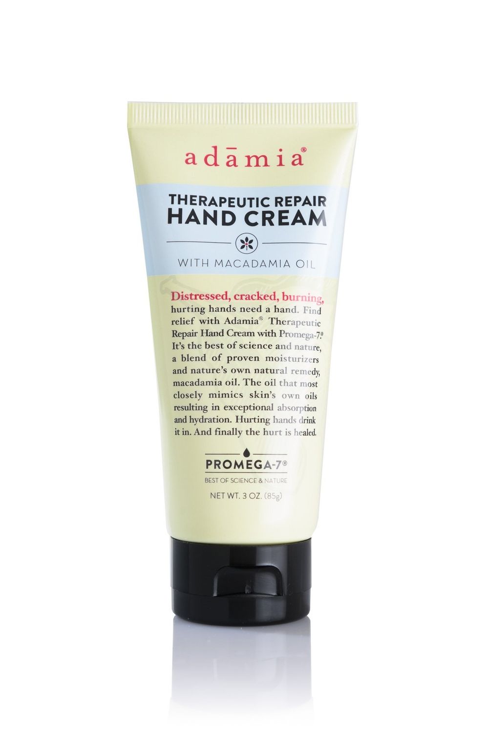 Adamia Therapeutic Repair Hand Cream with Macadamia Nut Oil and Promega-7, 3 Ounce Tube - Fragrance Free, Paraben Free, Non GMO