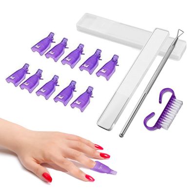 FITDON 10PCS Nail Polish Remover Clips Soak Off Caps &amp; Stainless Steel Triangle Cuticle Pusher Peeler Scraper &amp; Nano Crystal Glass Nail Files Buffer &amp; Mini Nail Brush (Purple)