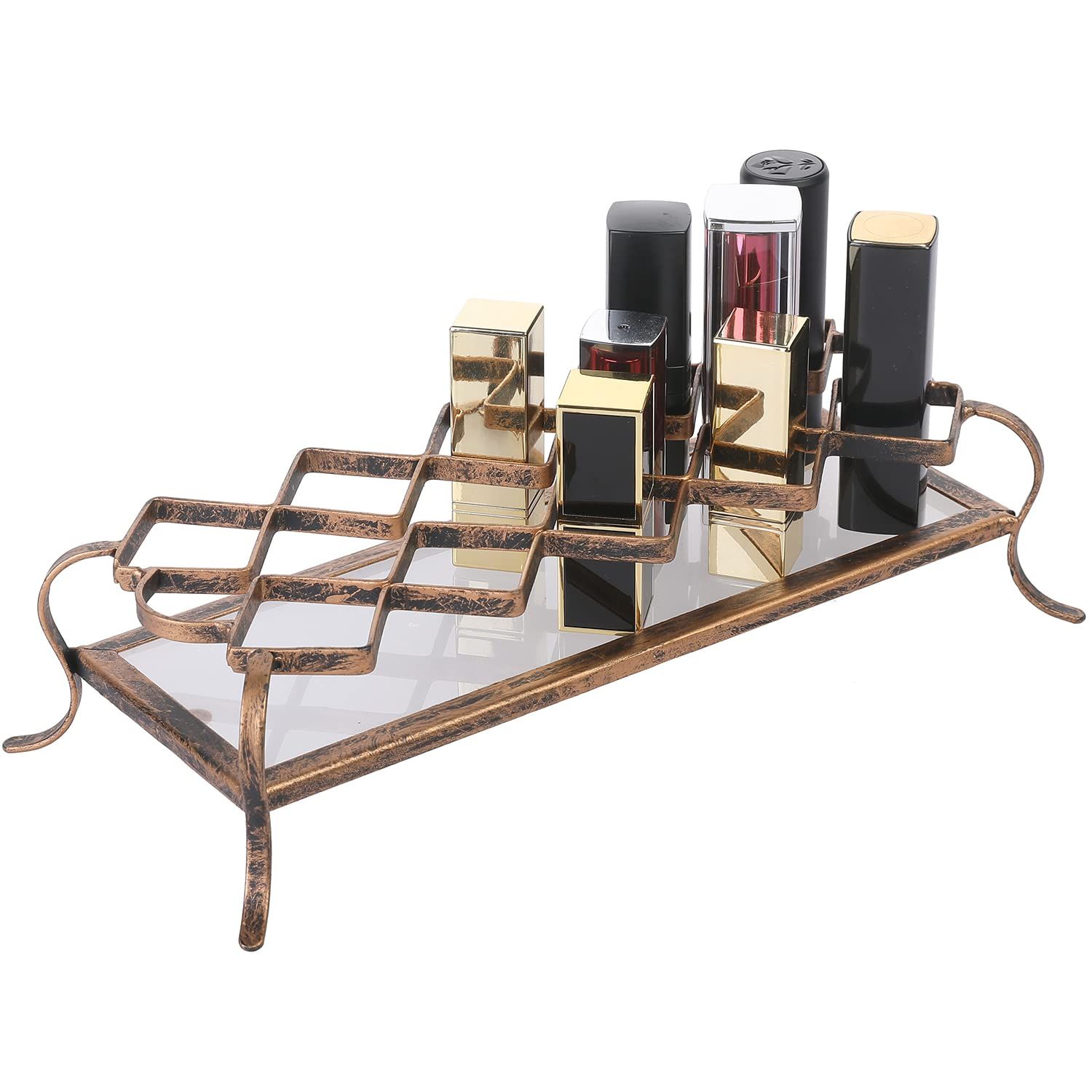 MyGift 10-Slot Vintage Brass Metal Makeup Holder with Acrylic Base, Lipstick and Mascara Cosmetic Organizer Vanity Tray