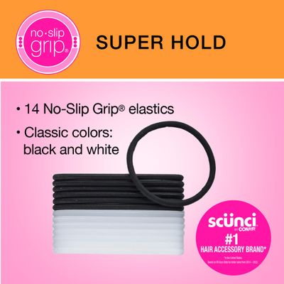 Scunci by Conair No-Slip Grip Super Hold Elastics Hair Ties for Women and Men, No Damage in Assorted Colors, 14 Pack
