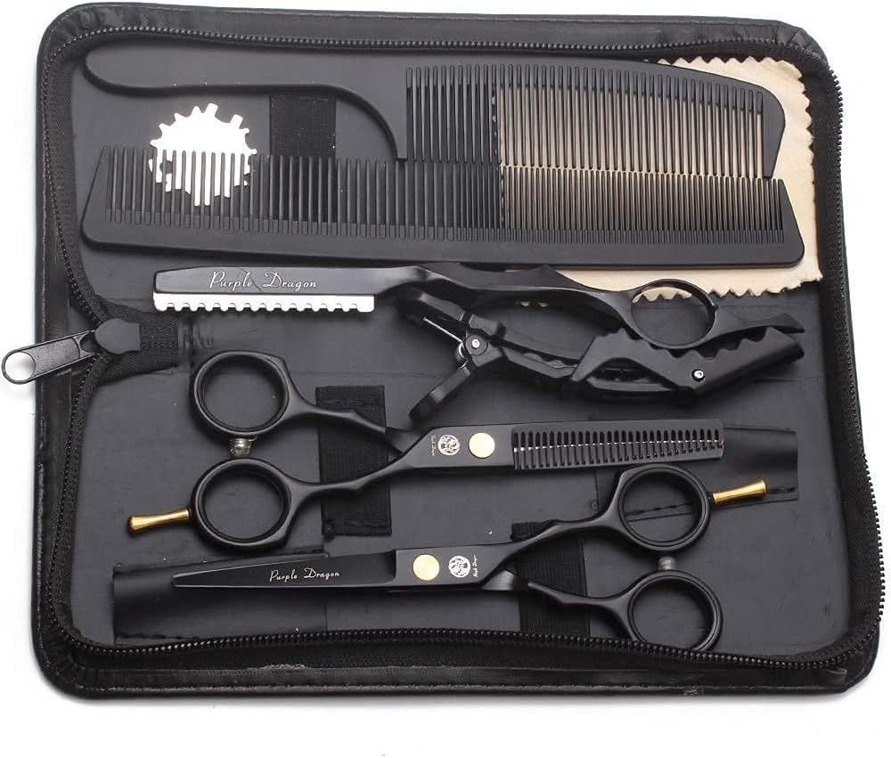 Purple Dragon 5.5 inch Hair Cutting Scissors Set with Razor, Leather Scissors Case, Barber Hair Cutting Shears Hair Thinning/Texturizing Shears for Professional Hairdresser or Home Use (Black)