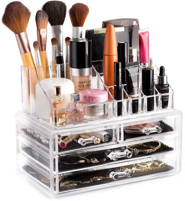 Masirs Clear Makeup Organizer - 16-Compartment Cosmetic and Jewelry Holder, 4-Drawer Vanity Storage, Elegant Clear Design for Makeup and Accessories