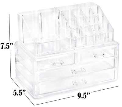 Masirs Clear Makeup Organizer - 16-Compartment Cosmetic and Jewelry Holder, 4-Drawer Vanity Storage, Elegant Clear Design for Makeup and Accessories