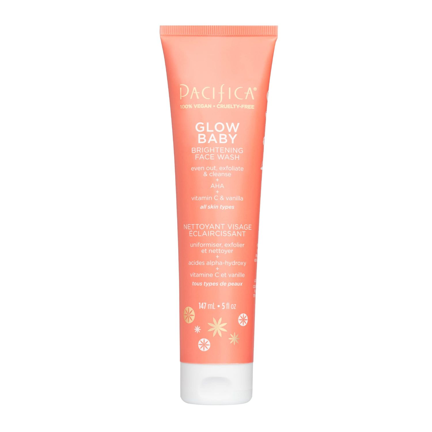 Pacifica Beauty Glow Daily Face Cleanser, Exfoliating, Vitamin C, AHA, Vanilla, For All Skin Types, Sulfate and Paraben Free, Vegan and Cruelty Free, 5 Oz