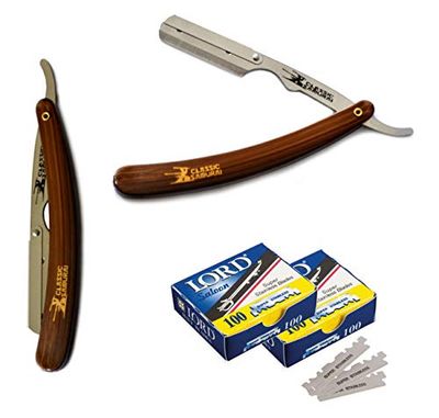 Classic Samurai Stainless Steel Professional Barber Folding Straight Edge Razor Shavette Men&#39;s Shaving Kit with 200 Count Lord Single Edge Razor Blades (Brown)