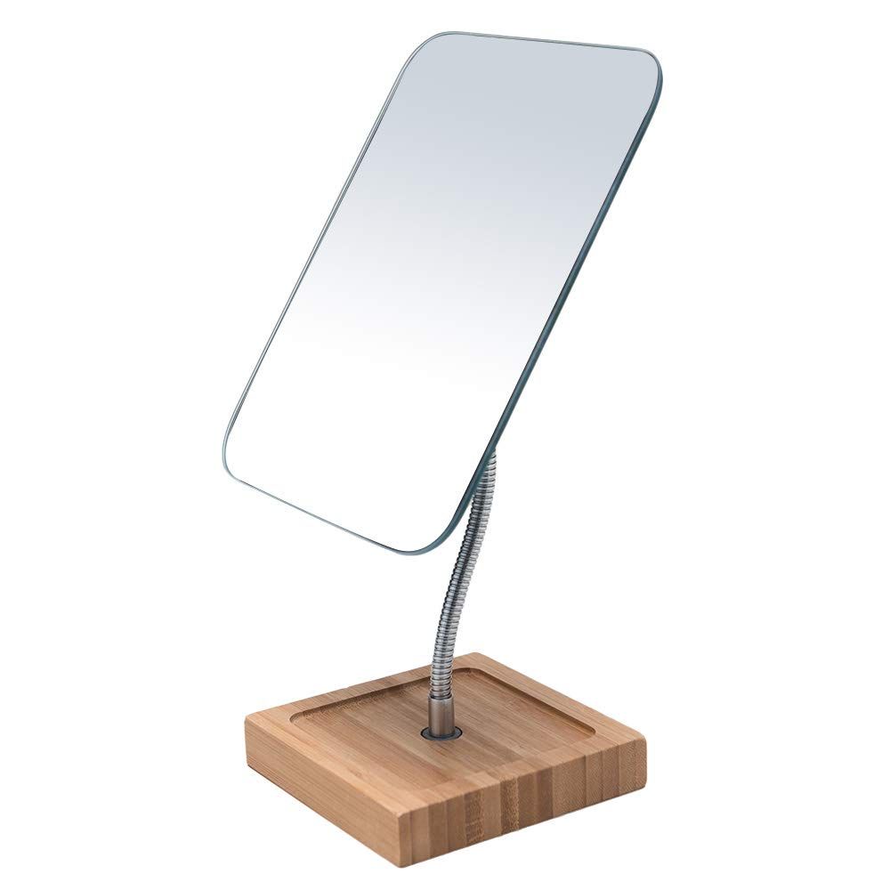 YEAKE Flexible Gooseneck Bamboo Vanity Makeup Mirror,360Rotation 8&quot; Large Frameless, Folding Portable Table Desk Mirror with Stand for Bathroom Shaving Make Up, Rectangle