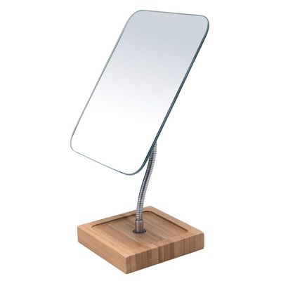 YEAKE Flexible Gooseneck Bamboo Vanity Makeup Mirror,360Rotation 8&quot; Large Frameless, Folding Portable Table Desk Mirror with Stand for Bathroom Shaving Make Up, Rectangle