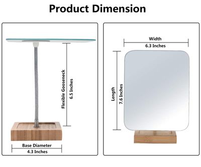 YEAKE Flexible Gooseneck Bamboo Vanity Makeup Mirror,360Rotation 8" Large Frameless, Folding Portable Table Desk Mirror with Stand for Bathroom Shaving Make Up, Rectangle