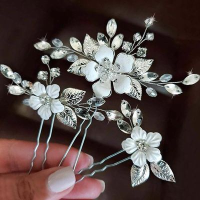 YBSHIN Bride Flower Wedding Hair Pins Silver Crystal Hair Piece Bridal Leaf Hair Accessories for Women (Pack of 3)