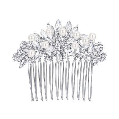 EVER FAITH Wedding Hair Accessories Austrian Crystal Cream Simulated Pearl Bridal Bride Leaf Flowers Side Comb Clear Silver-Tone