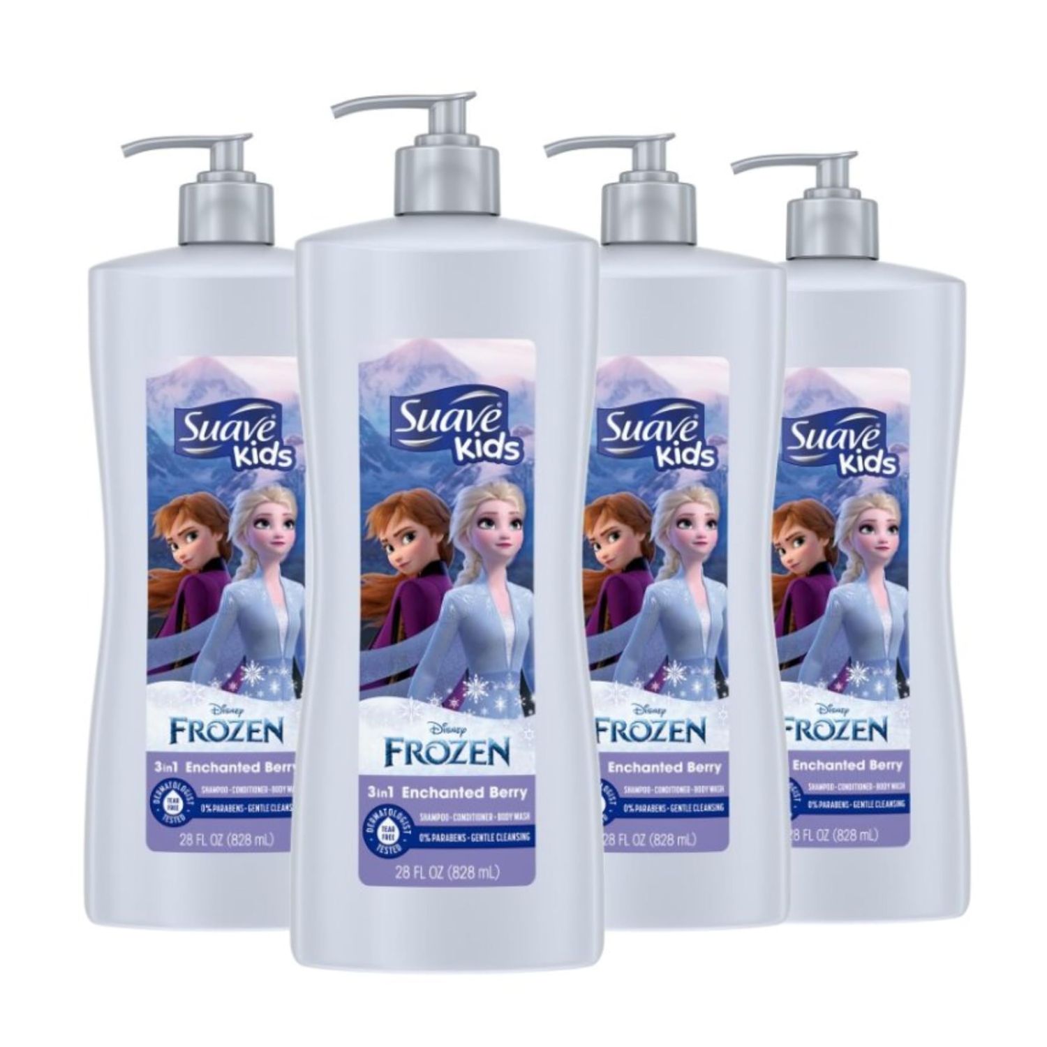 Suave Kids 3 in 1 Enchanted Berry Shampoo, Conditioner, &amp; Body Wash,Dermatologist Tested and Tear-free 28 Oz, (Pack of 4) Packaging may vary