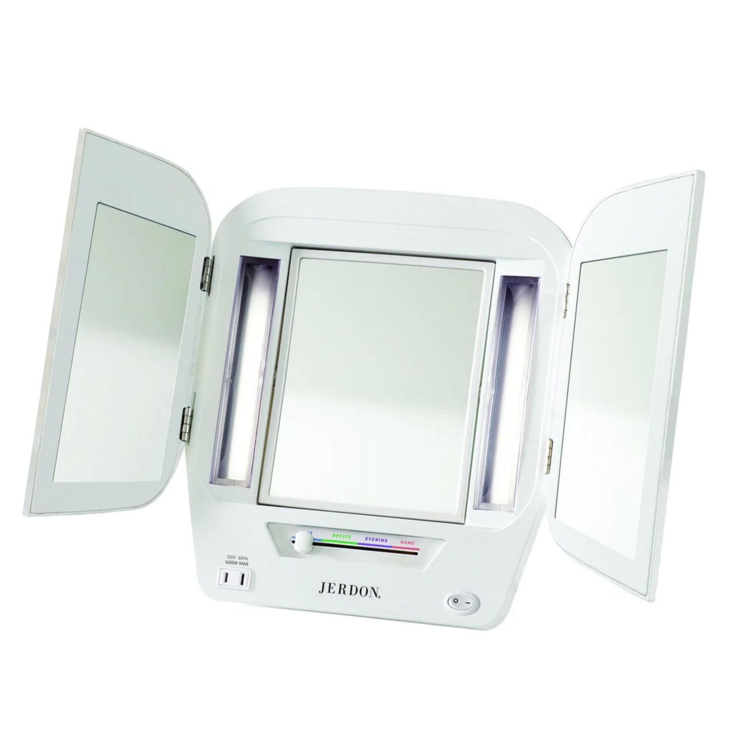 JERDON Modern Tri-Fold Makeup Mirror with Lights - Vanity Mirror with 5X Magnification &amp; Multiple Light Settings - White Base - Model JGL10W