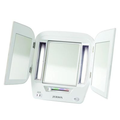 JERDON Modern Tri-Fold Makeup Mirror with Lights - Vanity Mirror with 5X Magnification &amp; Multiple Light Settings - White Base - Model JGL10W