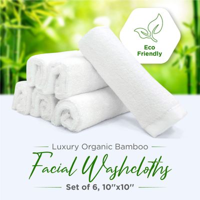 Luxury Facial Washcloths, Made from 100 Percent Rayon Bamboo, Makeup Remover, Reusable Absorbent, Gentle for Delicate Sensitive Skin, Set of 6, 10"X10" (White)