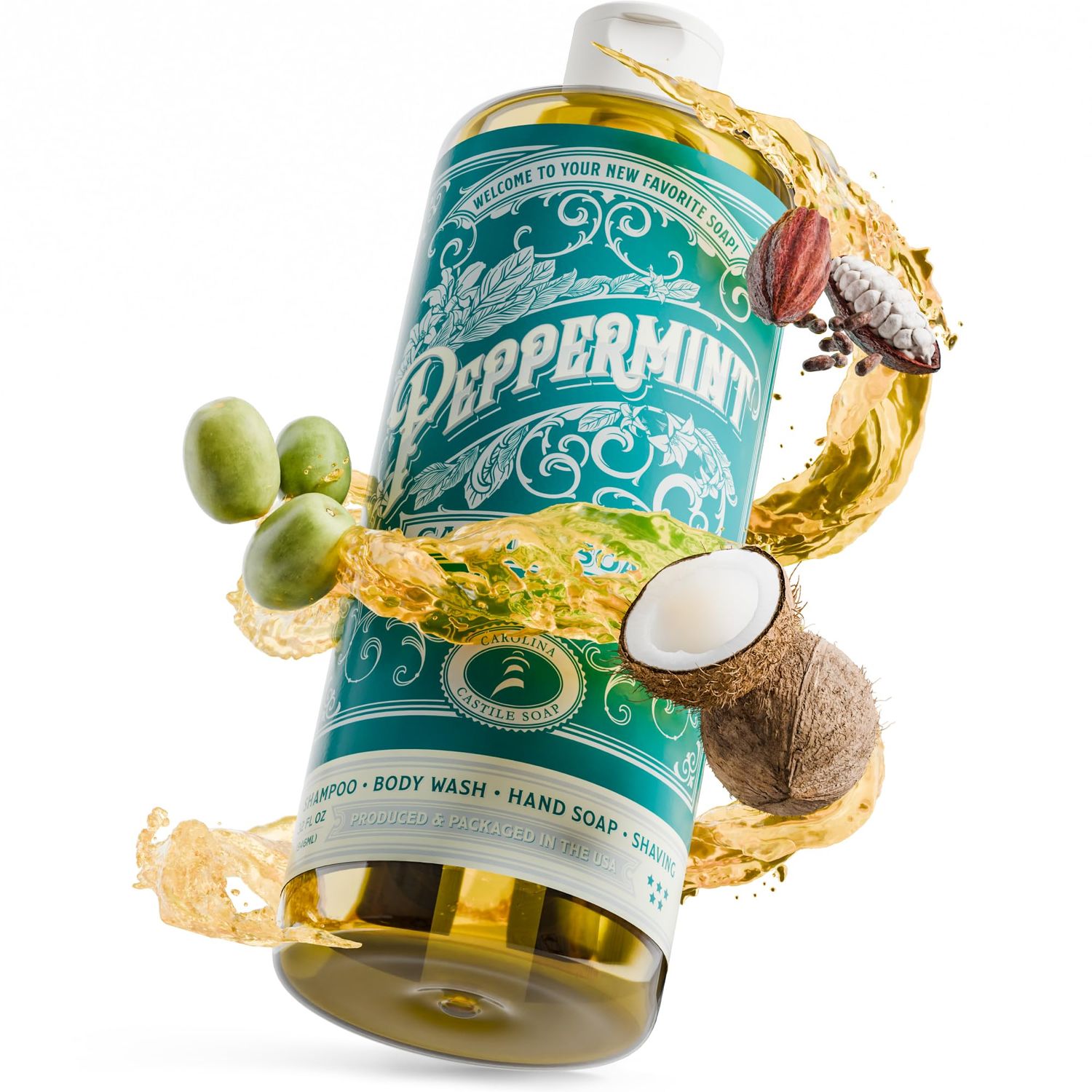 Carolina Peppermint Castile Soap Liquid - Skin-Softening Olive Oil Soap Organic Body Wash - Pure Castile Soap Peppermint Liquid Soap - Vegan Castille Soap Liquid (Peppermint, 32 ounces)