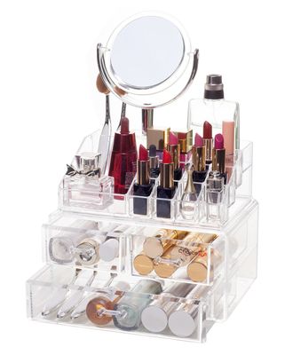 Acrylic Makeup Organizer with Mirror 3 Deep Drawers 15 Top Compartments Choice Fun Transparent QFJJSN-NSF-1542MS-3