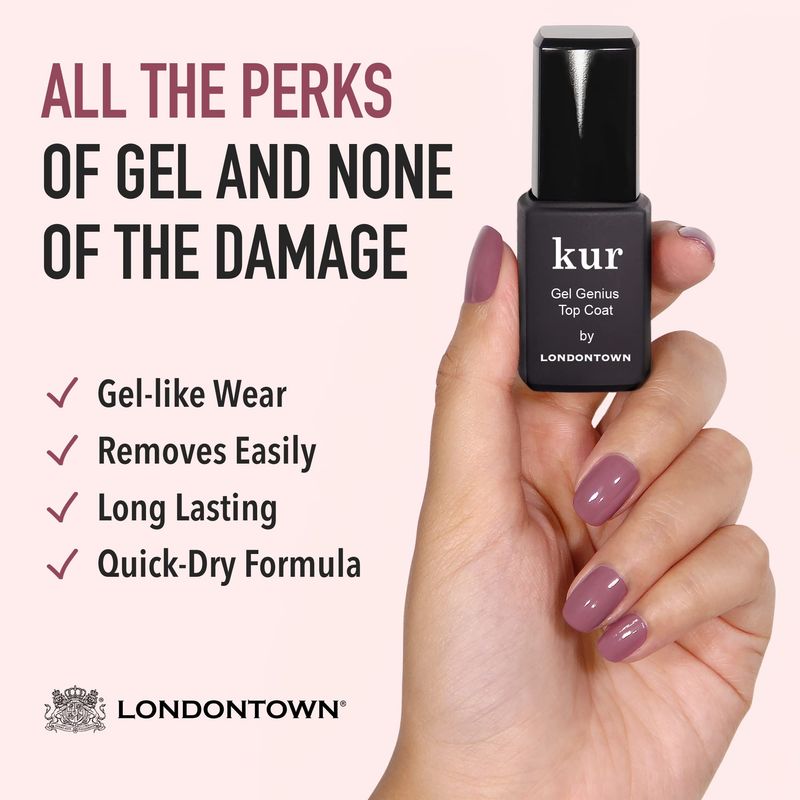 LONDONTOWN Kur Gel Genius Quick Dry Top Coat, Vegan, Cruelty &amp; Paraben Free, Clear, 0.4 Fl Oz, Packaging may vary