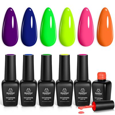 Beetles Gel Nail Polish Set, Nails Gel Halloween Orange Hot Pink Blue Yellow Green Purple Gel Polish 6 Colors Soak Off Uv Led Gel Nail Kit Nails Nail Art Manicure