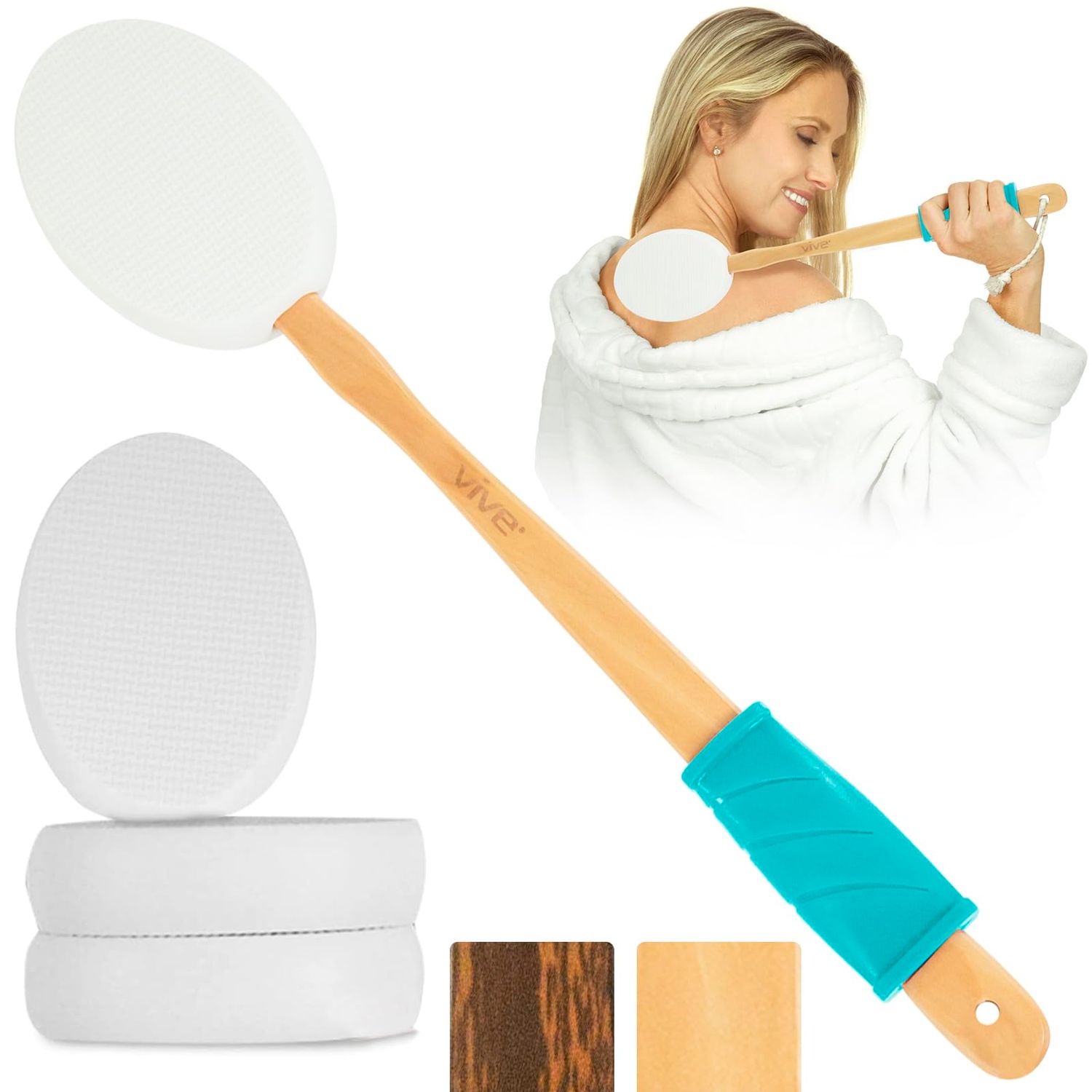 Vive Lotion Applicator for Back, Feet (17.5&quot;) - Self Washer Beauty Shower Sponge, Long Handle Cream Wand for Elderly, Women - Apply Medicine, Skin Cream, Body Wash, Sunscreen