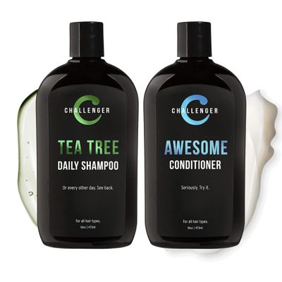 Challenger Tea Tree Shampoo &amp; Peppermint Conditioner Combo | Men&#39;s Shower Product | For Itchy &amp; Dry Scalp | Removes Dirt &amp; Oils | Argan Oil, Biotin | Artificial Color Free | 2x 16oz