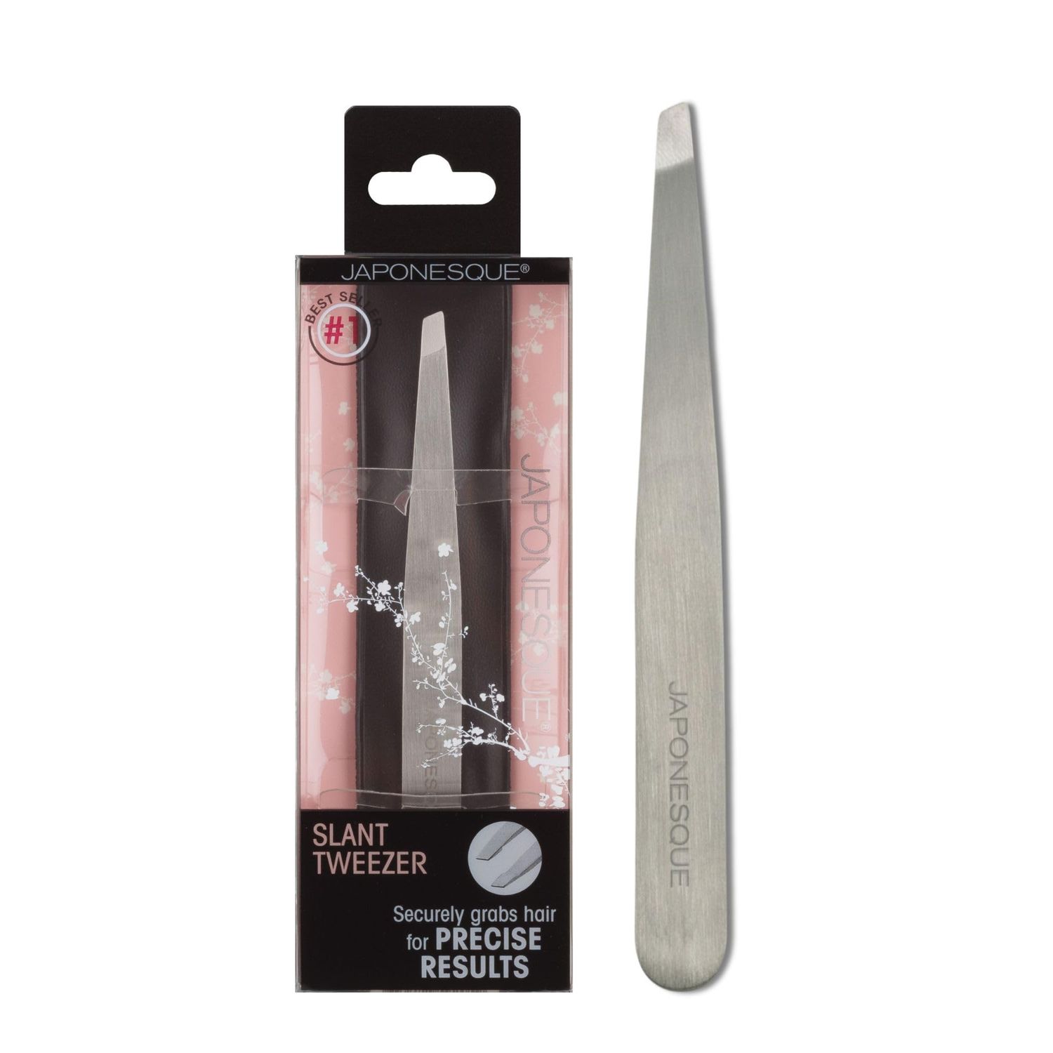 JAPONESQUE Slant Tweezer, with Precision Crafted, Hand Sharpened Tips for Shaping and Defining Brows, Includes Protective Storage Pouch