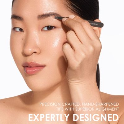 JAPONESQUE Slant Tweezer, with Precision Crafted, Hand Sharpened Tips for Shaping and Defining Brows, Includes Protective Storage Pouch