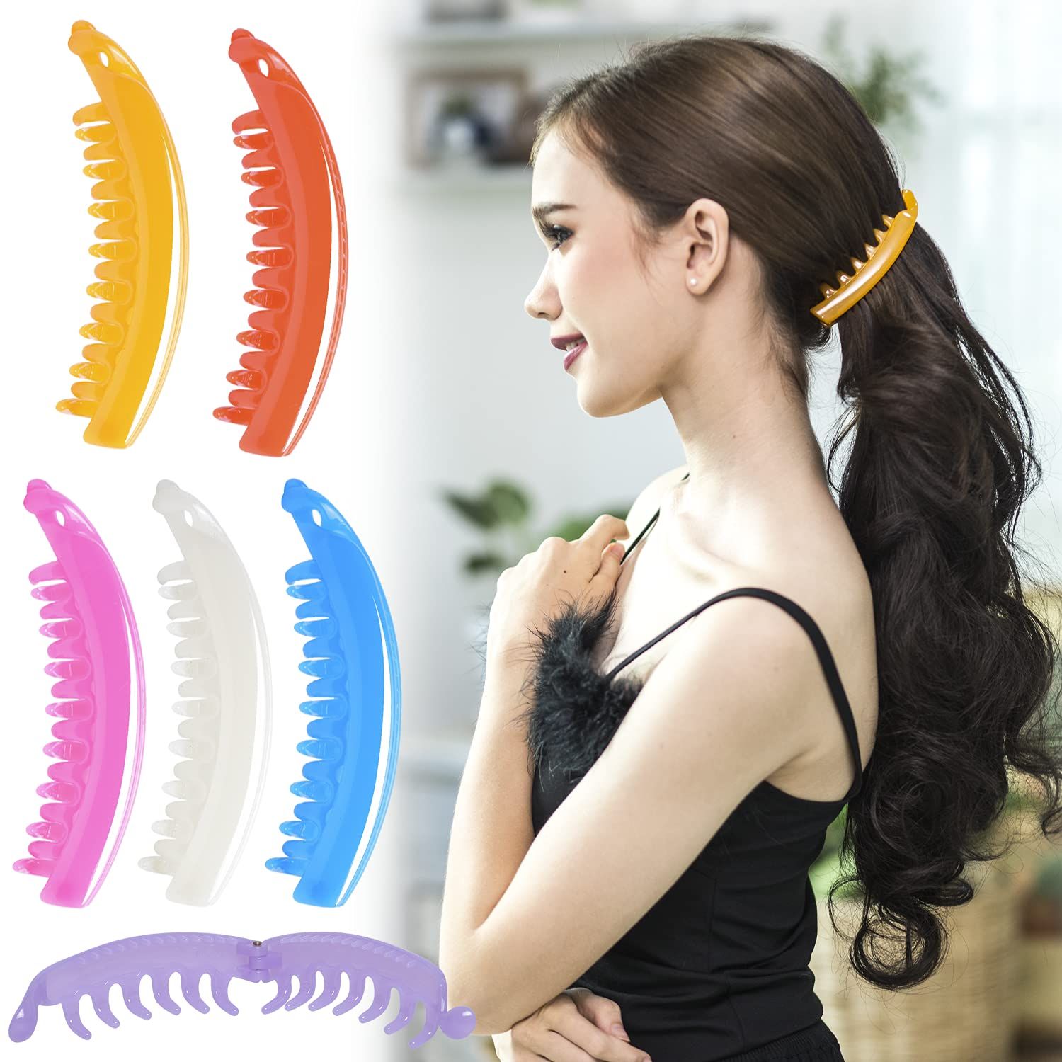 RC ROCHE ORNAMENT 6 Pcs Womens Premium Hair Plastic Banana Classic Clincher Strong Hold Ponytail Maker Girls Ladies Beauty Accessory Clasp Clip, Medium Jelly Candy Multicolor
