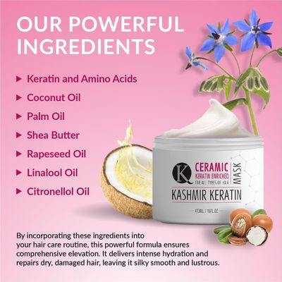 Kashmir Keratin Ceramic Hair Mask,deeply conditions dry, damaged hair, repairs with keratin, making it soft, frizz-free, hydrated, well-conditioned, and adds shine.(16 oz)