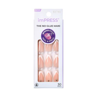 imPRESS KISS Press-On Manicure, Nail Kit, PureFit Technology, Medium Length Press-On Nails, &#39;So French&#39;, Includes Prep Pad, Mini Nail File, Cuticle Stick, and 30 Fake Nails