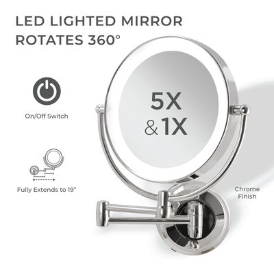 Zadro 11" LED Wall Mounted Makeup Mirror 5X/1X Shaving Mirror Cordless or Battery Operated Vanity Mirrors for Wall (Large | 5X/1X | 11" x 14.5", Chrome)