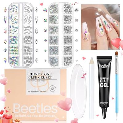 Beetles Gel Polish Nail Glue with Nail Gems Set, 15ml Nail Rhinestone Glue &amp;120+2000Pcs Crystal Glass AB Rhinestones For Nails art, Nail Gems with Double-Ended Clean Up Nail Brush Gifts for Girls