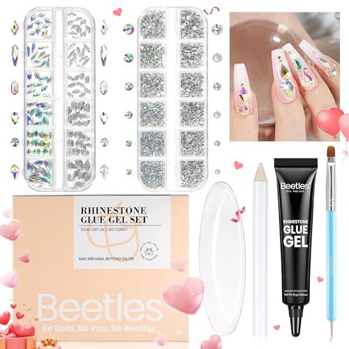Beetles Gel Polish Nail Glue with Nail Gems Set, 15ml Nail Rhinestone Glue &amp;120+2000Pcs Crystal Glass AB Rhinestones For Nails art, Nail Gems with Double-Ended Clean Up Nail Brush Gifts for Girls